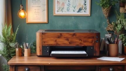 A wooden printer on a desk surrounded by plants and stationery, showcasing a cozy workspace.
