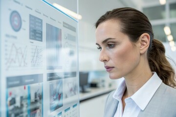A focused woman examines detailed graphs and statistics on a digital screen in a sleek, contemporary office. The environment emphasizes technology and collaboration, reflecting a data driven workspace