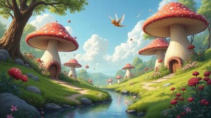 Whimsical Meadow with Giant Mushroom Homes