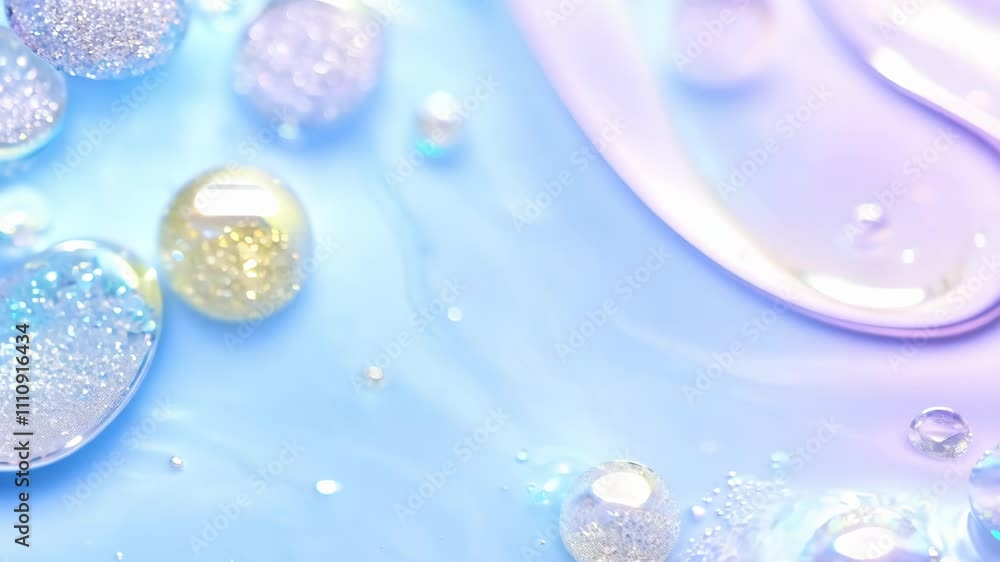 Poster Dynamic drops of holographic glitter in pastel violet oil or ink diffusing through water, creating an abstract aquatic swirls