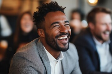 Obraz premium A man with curly hair and a well groomed beard smiles broadly while laughing. He is seated among friends in a vibrant cafe, enjoying engaging discussions in a warm and inviting atmosphere.