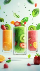 Vibrant smoothies with fresh fruits and leaves, showcasing a healthful, invigorating beverage concept in a modern aesthetic.