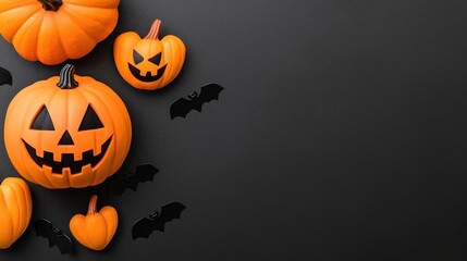 A photostock of Halloween-themed decorations, including black bats, orange pumpkins, and spooky props, on a dark black background. High Quality