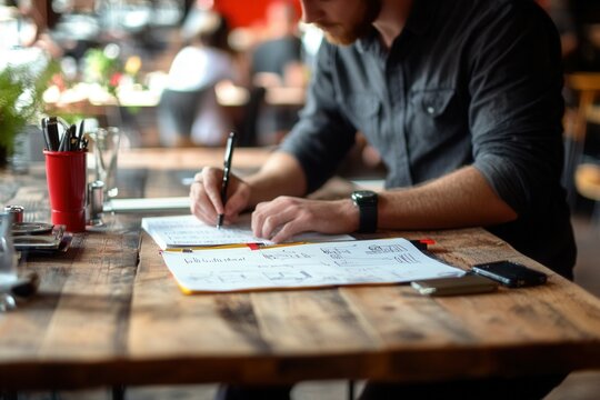 A focused person sketches design concepts on paper while sitting at a rustic wooden table in a lively cafe. Surrounding activity creates a vibrant atmosphere, perfect for inspiration and creativity. - Powered by Adobe