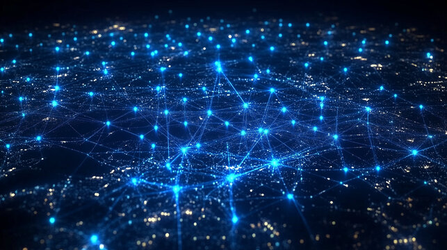 Blue glowing network nodes connected in a futuristic digital grid

