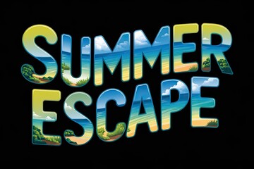 Vibrant Summer Escape Text Art with Scenic Beach and Ocean Elements