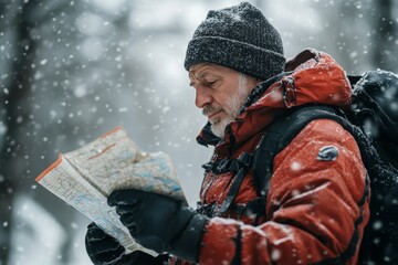 An elderly man explores a snowy forest, using a map to navigate the winter terrain during a hiking adventure.