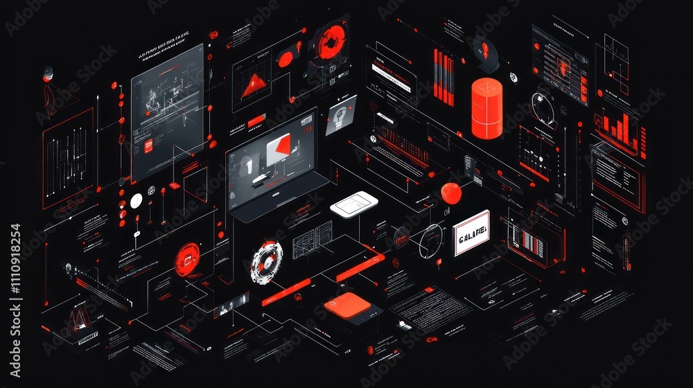 Poster isometric illustration of a complex network of digital data, charts, and icons, representing a digit