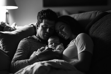 A tender moment of parents lovingly embracing their sleeping baby on a cozy couch at home, radiating warmth and security.