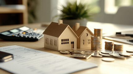 Wooden model houses on desk with coins, calculator, and financial documents representing real estate investment and saving for future home purchase concept