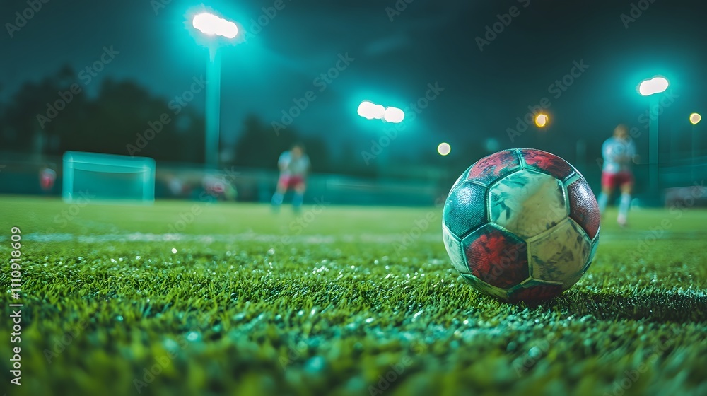 Aufkleber soccer ball on green turf with blurred players in background under night lights creating a dynamic s