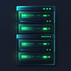 Fototapeta premium Row of four data storage server units emitting green light in a sleek futuristic design