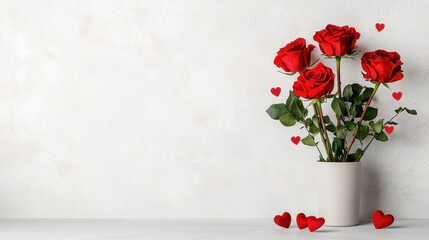 A photostock of Valentineâ€™s Day roses in deep red hues arranged on a clean white background with scattered hearts. High Quality