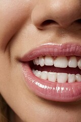 his image shows a close-up view of a womans mouth smiling with her teeth showing 