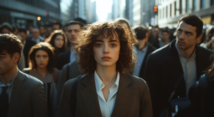 A young woman standing on the street in a business suit, with many people behind her