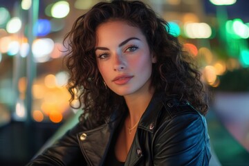 Fototapeta premium In a vibrant urban setting, a woman with voluminous curly hair poses against a backdrop of colorful city lights. Her expression is serene and contemplative, showcasing her stylish leather jacket and n