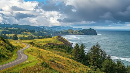 Fototapeta premium A winding road follows the stunning coastline, bordered by lush greenery and dramatic cliffs, under a sky filled with clouds.