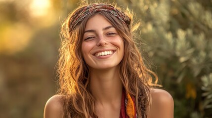 Fototapeta premium A joyful woman with long hair and a headscarf smiles warmly, basking in soft golden sunlight amid nature.