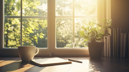 Cozy home office scene with sunlight streaming through a window, illuminating a coffee cup, notebook, and potted plant.