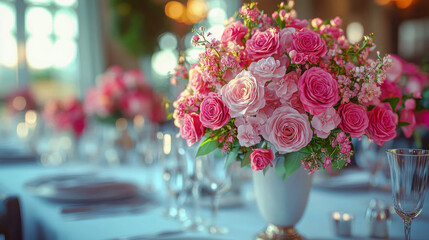 Elegant flower centerpiece with pink roses on a formal dining table at a wedding reception