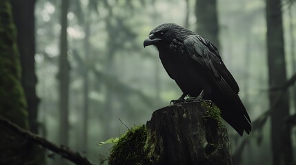 Naklejka premium A striking raven perched on a mossy stump in a misty forest, surrounded by tall trees and a serene, mysterious atmosphere.