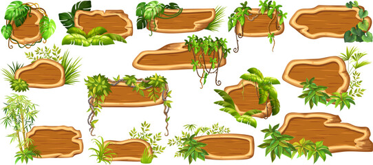 Game panels in jungle style with liana branches and leaves, ivy. Set isolated wooden elements, boards for covers, applications, notebooks, mobile games. Vector signboards with space for text.