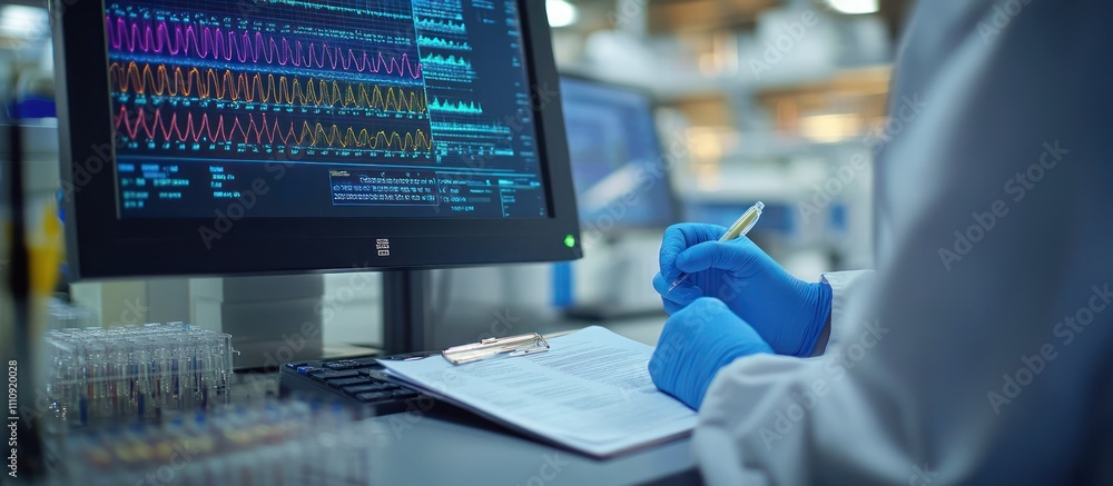 Poster scientist in a lab coat writes on a clipboard while looking at a computer monitor displaying a graph