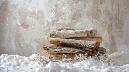 A stack of chopped firewood on snow