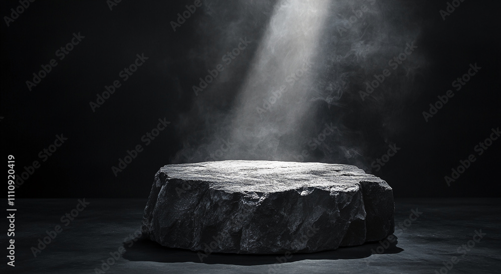 Poster Mysterious stone platform illuminated by a beam of light in a dark environment