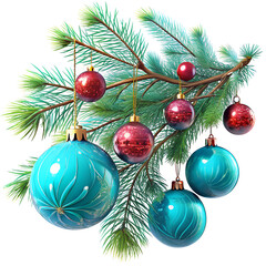 Fototapeta premium A tree branch is decorated with a variety of Christmas ornaments, including blue