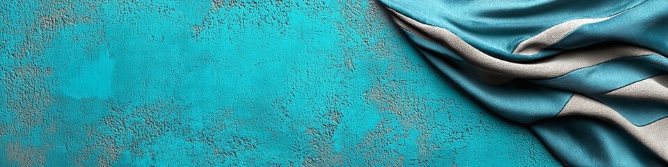 Fototapeta premium Elegant silk drape in soft shades of blue on a textured aqua background.