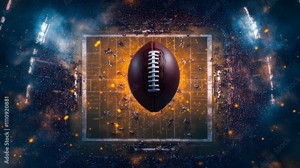 Poster aerial view of a thrilling football game in a packed stadium under dramatic lights with a floating f
