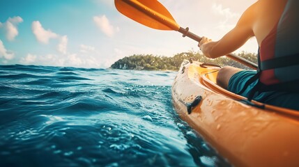 A Vibrant Kayaker Paddling Through Sparkling Waters on a Bright Sunny Day Surrounded by Lush Green Islands and a Clear Blue Sky