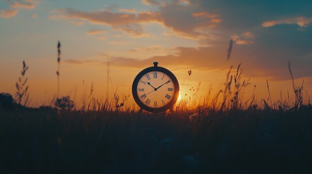 Stopwatch in the meadow at sunset. Time is passing concept.