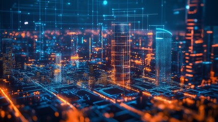 Fototapeta premium AI-controlled metropolis, digital architecture, futuristic society, neon holograms.