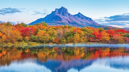 Fototapeta premium Autumnal Serenity: Majestic Mountain Reflected in a Tranquil Lake