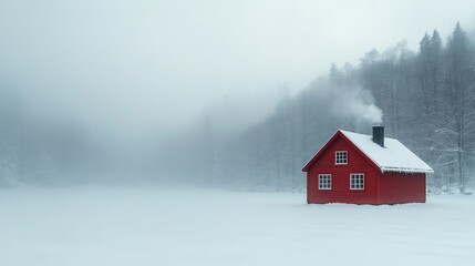 Red cabin in snowy landscape with forest backdrop, peaceful winter retreat concept