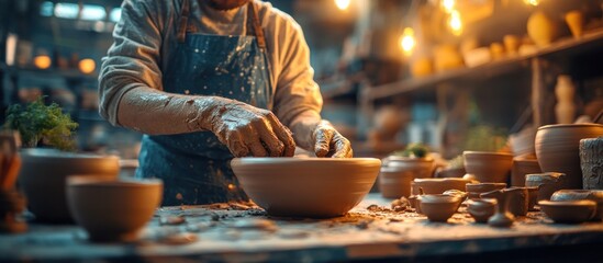 A potter shapes clay on a pottery wheel in a workshop, surrounded by other pottery pieces.