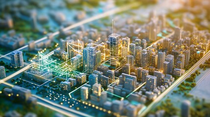 Obraz premium AI urban planning, futuristic cityscape, digital networks, advanced technology.