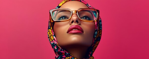 Fototapeta premium Fashionable woman in colorful headscarf and glasses, vibrant pink backdrop, modern style portrait. Contemporary fashion and elegance concept