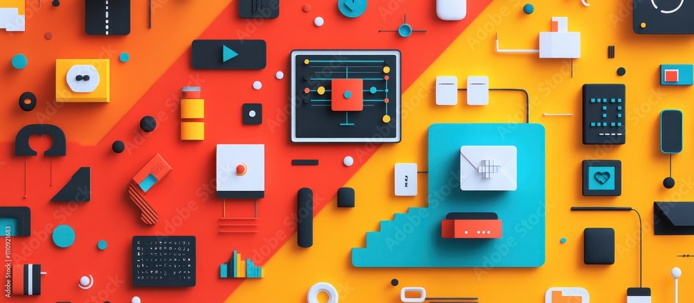 Poster abstract digital background with colorful shapes, icons, and a screen displaying a digital network.