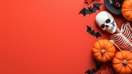A photostock of bright orange pumpkins, skeleton props, and bats arranged on a dark red background for a spooky Halloween theme. High Quality
