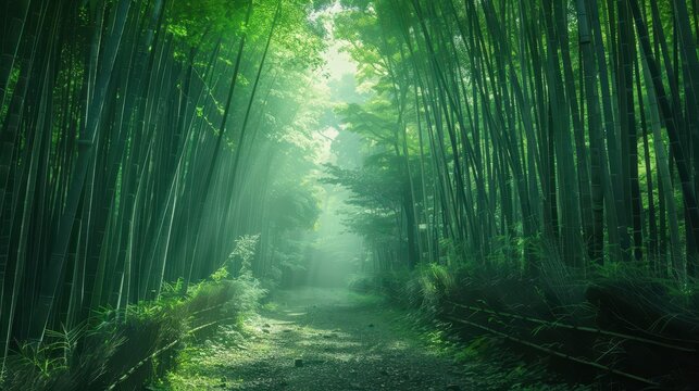 A serene bamboo forest bathed in soft green light, with a mystical pathway inviting exploration through nature.