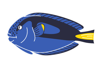 Cartoon aquarium imperial angel fish. Cute tropical red sea fish in doodle style. Isolated vector illustration in white background.