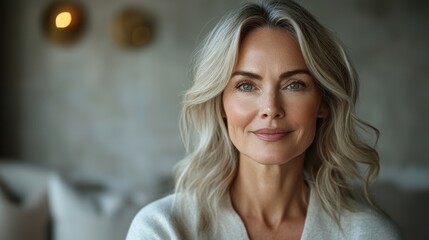 Obraz premium Portrait of mature woman with gray hair smiling indoors, natural light. Confidence and beauty concept