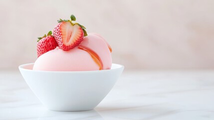 Fresh Strawberries Adorning Delicious Strawberry Ice Cream in White Bowl