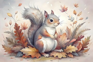 Fototapeta premium Charming Squirrel Among Vibrant Autumn Leaves Whimsical Artistic Scene Nature