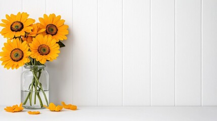 A photostock of bright yellow sunflowers in a vase on a clean white background with scattered petals. High Quality © niramol