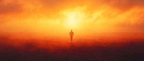 A lone figure walks through a serene landscape at sunset, surrounded by vibrant hues of orange and gold, evoking a sense of peace and reflection in nature's beauty.