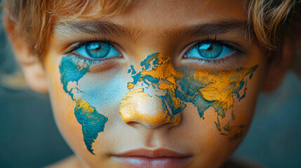 A child face painted with a vivid blue world map, highlighting continents in gold, with piercing blue eyes